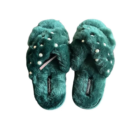 Victoria Secret faux fur emerald dark green white beads slippers fits size S 5-6 - Picture 2 of 5